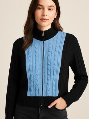 Vintage San Remo by Laura Knits Zip Sweater Black & Blue USA Size XL